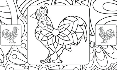 Hand drawn doodle outline rooster illustration. Decorative abstract ornate rooster drawing