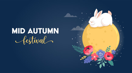 Mid Autumn Festival Concept Design with Cute Rabbits, Bunnies and Moon Illustrations. Chinese, Korean, Asian Mooncake festival celebration. Translation: Happy mid autumn festival
