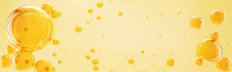 Golden yellow bubble oil or serum isolated on yellow background. concept skin care cosmetics solution. 3d rendering. - obrazy, fototapety, plakaty