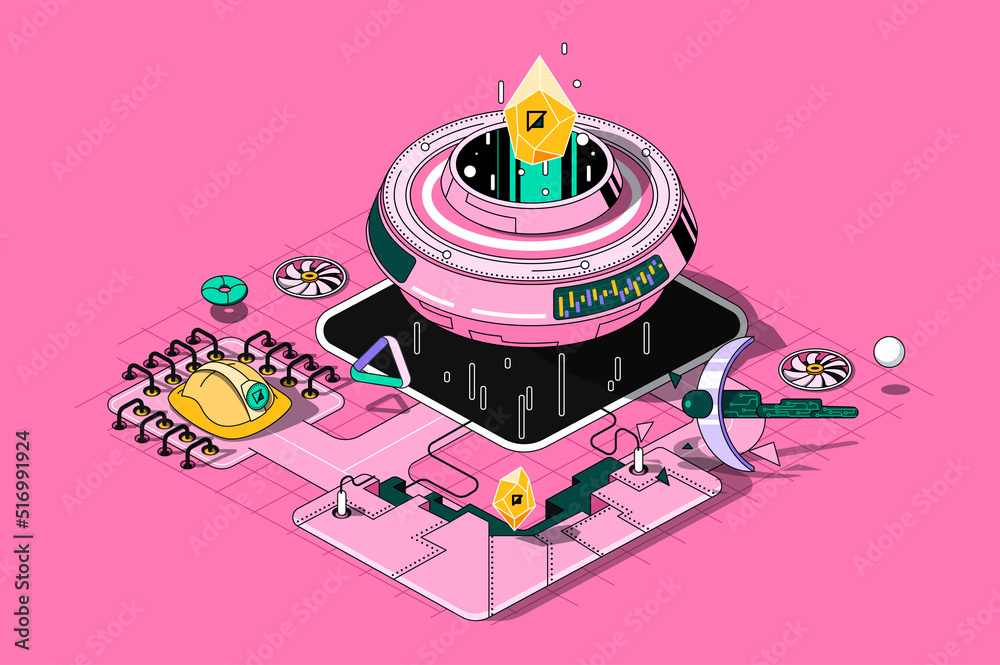Poster Cryptocurrency concept 3d isometric outline web design. Blockchain technology, mining bitcoins and crypto money on abstract mining farm. Web illustration with abstract line people composition