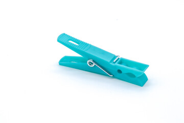 plastic clothespin blue color on white background