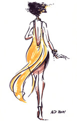 Fashion, Beautiful woman in an evening dress. Sketch. Female Figure. Model in clothes