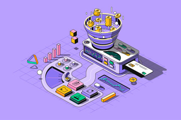 Sale funnel concept 3d isometric outline web design. Internet marketing tools for generation leads and sales and customer attracting. Web illustration with abstract line people composition - obrazy, fototapety, plakaty