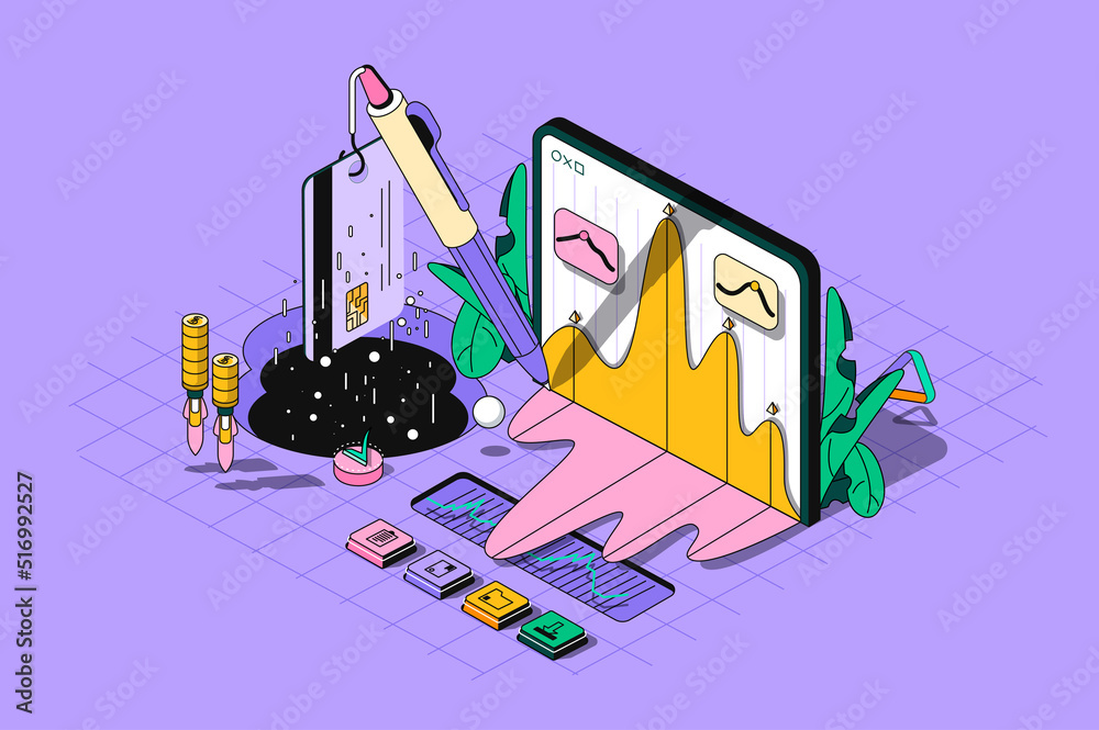 Poster stock market concept 3d isometric outline web design. trading on stock exchange, analysis of financi