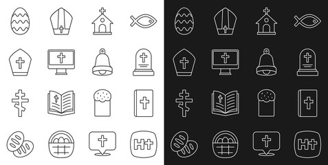 Set line Christian cross, Holy bible book, Grave with tombstone, Church building, monitor, Pope hat, Easter egg and bell icon. Vector