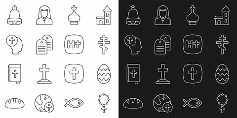 Set line Rosary beads religion, Easter egg, Christian cross, church tower, Holy bible book, Priest, Church bell and icon. Vector
