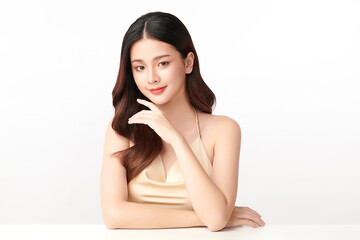 Beautiful young asian woman with clean fresh skin on white background, Face care, Facial treatment,...