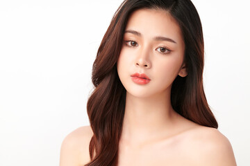 Obraz premium Beautiful young asian woman with clean fresh skin on white background, Face care, Facial treatment, Cosmetology, beauty and spa, Asian women portrait.