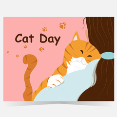 Red cat on girl's shoulder with happy face expression, cat day isolated vector illustration