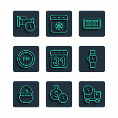 Set line Kitchen timer, Time is money, Delivery truck and, Digital alarm clock, Calendar, Day, to sleep and Wrist watch icon. Vector