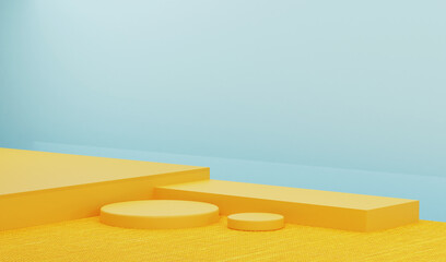 Empty yellow podium with fabric texture in blue studio. Beautiful lights and shadows perfect for summer theme background, blank display for showing product. - 3D Renderring.