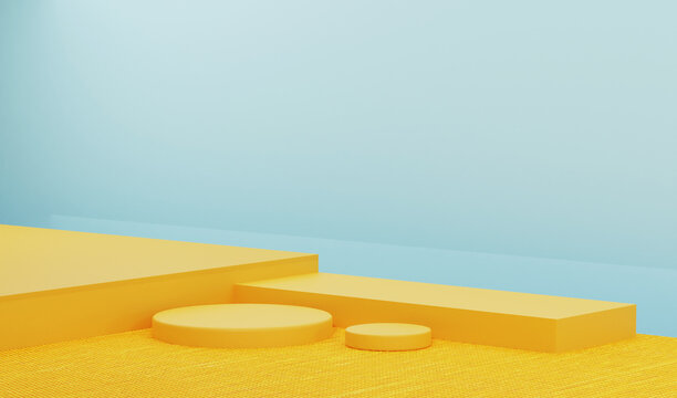 Empty yellow podium with fabric texture in blue studio. Beautiful lights and shadows perfect for summer theme background, blank display for showing product. - 3D Renderring.
