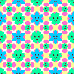 Vector seamless pattern of Y2K Cute Funny Flower with smiling faces.  Happy Positive. 70s, 80s, 90s vibes stickers. Retro style. Patches Collection.