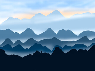 Landscape of mountain with misty gentle  illustration drawing digital art