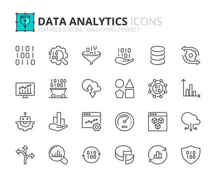 Simple set of outline icons about data analytics. Technology concept.