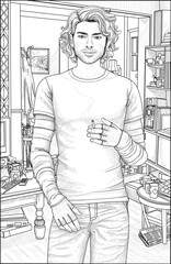 A handsome young man in casual clothes with a cigarette in hand poses in the messy living room. Relaxing coloring page for teens and adults. Line drawing on white background.