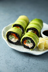 Crab sushi roll wrapped in avocado