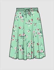 MIDI LENGTH FLORAL SKIRT WITH ELASTICATED WAISTBAND FOR WOMEN AND TEENS IN EDITABLE VECTOR FILE