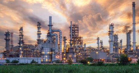 Petroleum industry view at sunrise, power plants, oil refinery areas and fuel energy