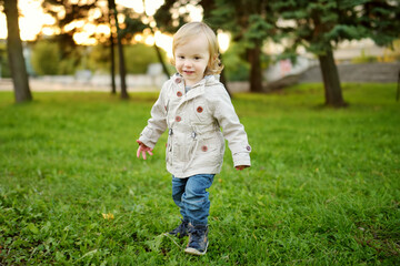 Funny toddler boy having fun outdoors on sunny autumn day. Child exploring nature. Kid walking in a city park.