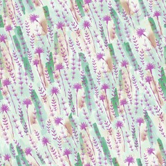 Abstract flowers and leaves blend repeat seamless pattern. Watercolor and digital drawing by hand. mixed media for textile design, packaging, wallpaper, design banner.