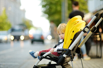 Sweet toddler boy sitting in a stroller outdoors. Little child in pram. Infant kid in pushchair....