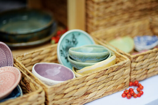 Ceramic dishes, tableware and jugs sold on Easter market in Vilnius.