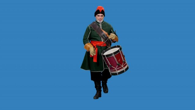Marching 18th century russian drummer soldier on blue chromakey background