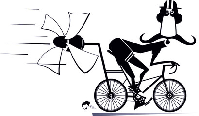 Cartoon man rides a bike isolated.
Smiling long mustache man in helmet on the bike tries to ride faster using a propeller. Black on white
 - obrazy, fototapety, plakaty