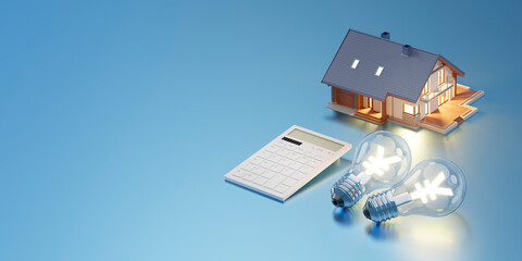 円記号が光る白熱電球と明かりの灯る住宅 / 電気代値上げ・光熱費高騰・エネルギー問題と節電のコンセプトイメージ / 3Dレンダリング