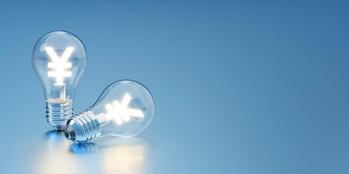 円記号が光る白熱電球 / 電気代値上げ・高熱費高騰・エネルギー問題と節電のコンセプトイメージ / 3Dレンダリング