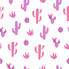 Cactus seamless pattern. Cartoon cacti in pink and purple colors with blossoms and spikes on white background.