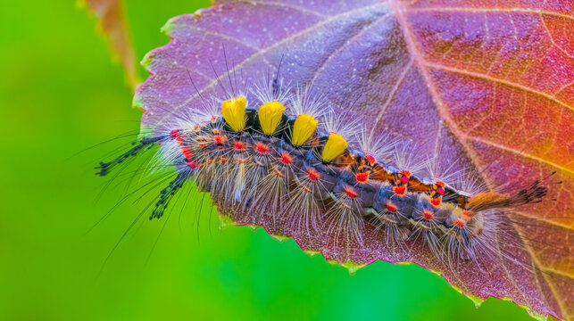 Rusty tussock moth caterpillar, Orgyia antiqua larva on leaf