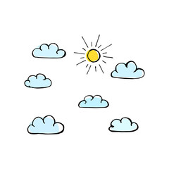 Sun clouds hand drawn vector drawing color blue yellow