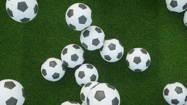 4K video animation. Soccer balls falling on grass field.