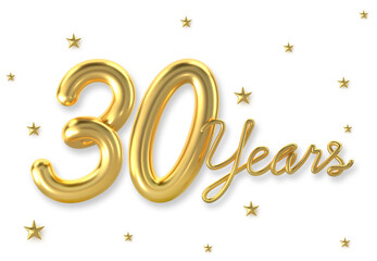 3d golden 30 years anniversary celebration with star background. 3d illustration.