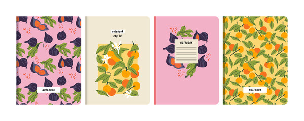 Vector illustartion templates cover pages for notebooks, planners, brochures, books, catalogs. Fruits wallpapers with with tangerine and fig.