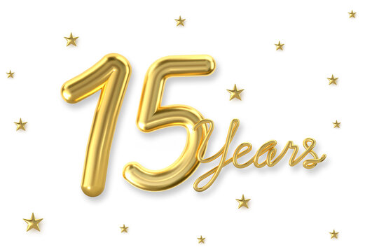 3d golden 15 years anniversary celebration with star background. 3d illustration.