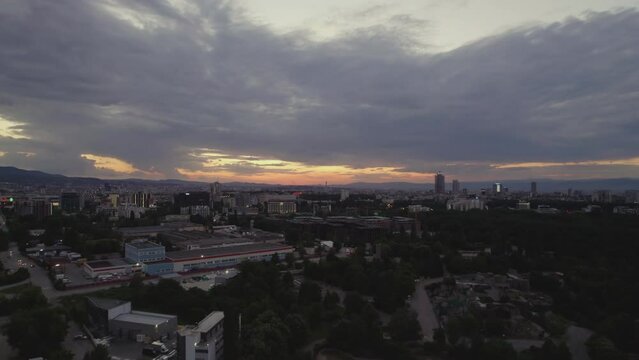 Dark sunset clouds in twilight sky over Sofia city, capital of Bulgaria