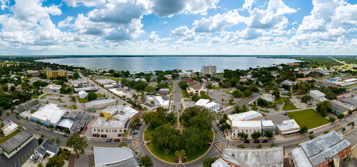 Aerial panoramic view of downtown Sebring Florida, July 6, 2022.