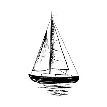 Sailing boat at sea. Abstract minimalistic style. Hand drawn in black ink, brush and paint texture. Vector illustration