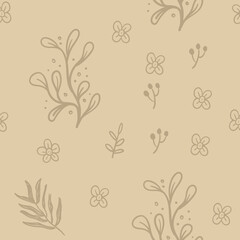 Fototapeta na wymiar Leaves and flowers seamless pattern. Doodle nature elements background texture. Botanical design.