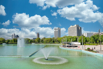 View from the pond at Genclik Parki, a public park with cultural center, youths' center, theme park and convention halls at the center of Ankara; capital city of Turkey