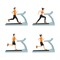 A man is running on a treadmill. Fitness in the gym. Vector set
