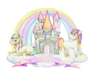 Fabulous unicorns, stone castle, rainbow, clouds. Watercolor clipart, in cartoon style, on an isolated background.