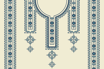 Vector ethnic blue color neckline embroidery geometric pattern with border on white cream background. Tribal art fashion for shirts.