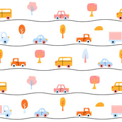 Baby cartoon transport and trees seamless pattern. Hand-drawn cars background. Vector child city collection.