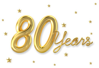 3d golden 80 years anniversary celebration with star background. 3d illustration.