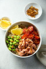 Healthy salmon poke with edamame beans