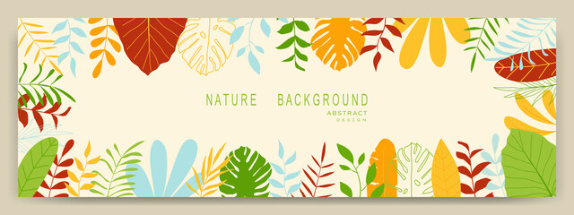 Fototapeta na wymiar Abstract nature background with leaves and plants. Copy space for text. Vector illustration 